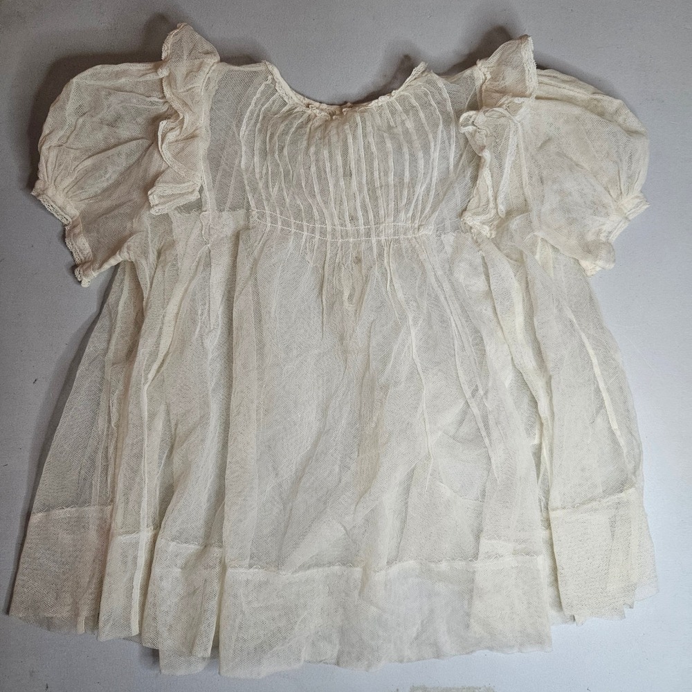 Antique Edwardian Baby Gown Off White Cotton Net Lace Pleated Christening Dress